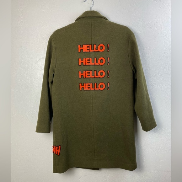 Ochirly‎ Wool Blend Olive Green Graphic Hello Fun Pea Coat Women’s XS - Picture 1 of 16